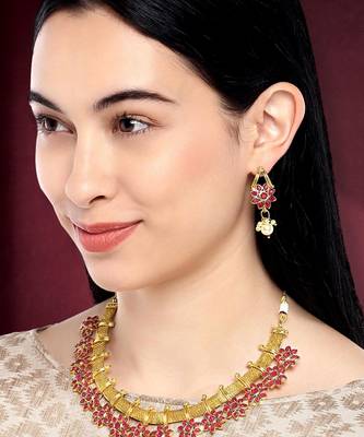 Women's floral shaped faux stone studded necklace earrings set bharatanatyam 1