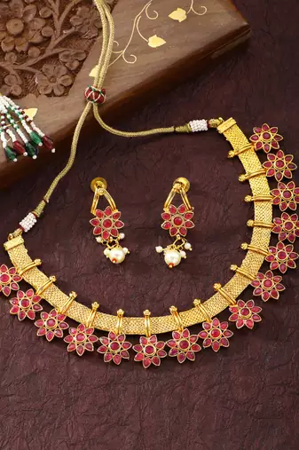 Women's floral shaped faux stone studded necklace earrings set bharatanatyam