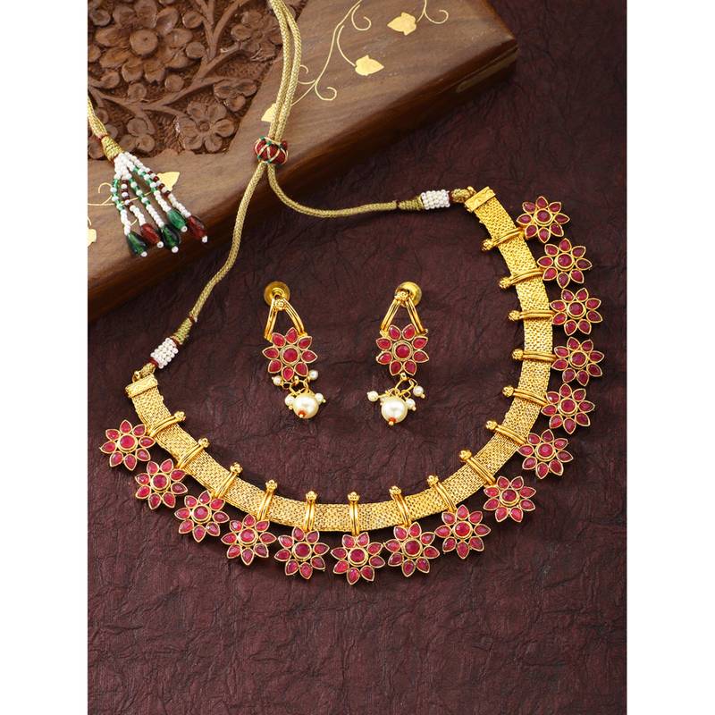 Women's floral shaped faux stone studded necklace earrings set bharatanatyam