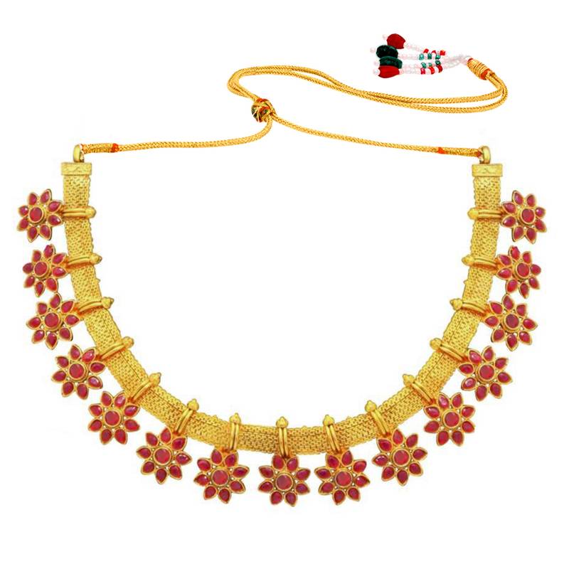 Women's floral shaped faux stone studded necklace earrings set bharatanatyam
