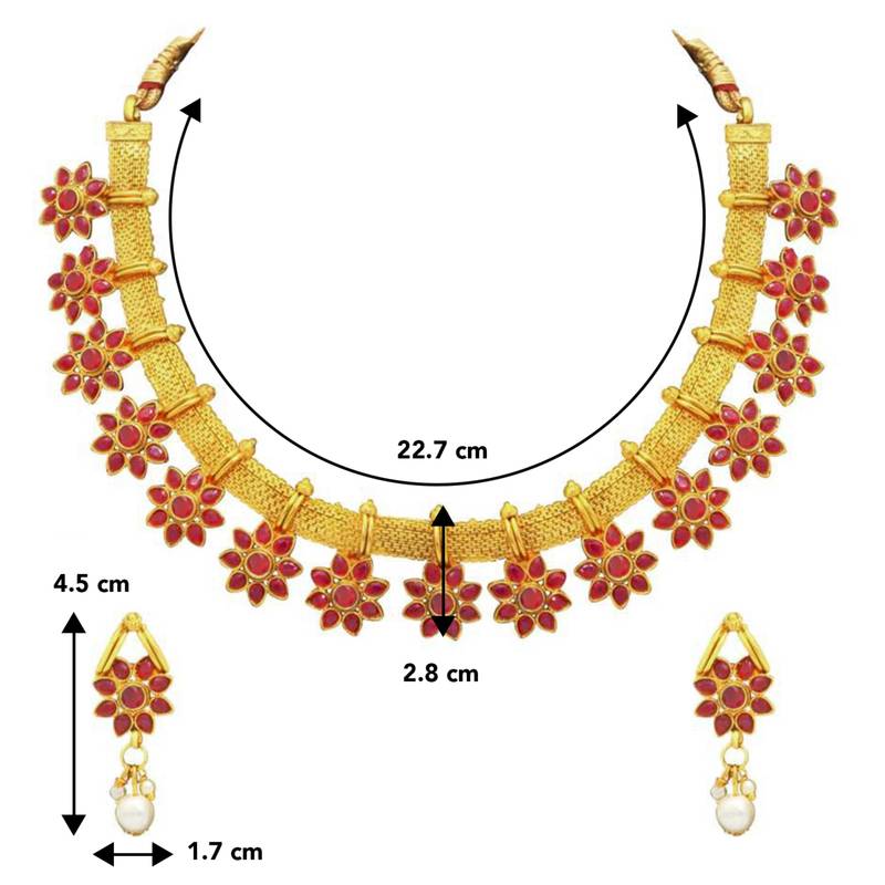 Women's floral shaped faux stone studded necklace earrings set bharatanatyam