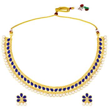 Blue crystals & pearl studded necklace earrings set jewelry for women 1