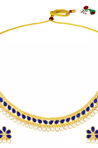 Blue crystals & pearl studded necklace earrings set jewelry for women