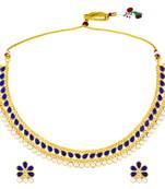 Blue crystals & pearl studded necklace earrings set jewelry for women