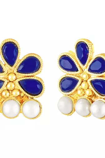 Blue crystals & pearl studded necklace earrings set jewelry for women