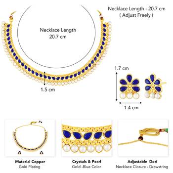 Blue crystals & pearl studded necklace earrings set jewelry for women 4