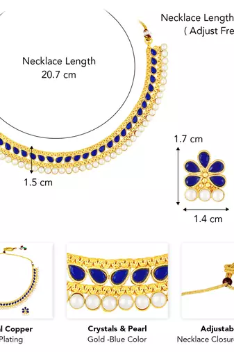Blue crystals & pearl studded necklace earrings set jewelry for women