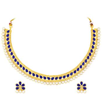 Blue crystals & pearl studded necklace earrings set jewelry for women 5