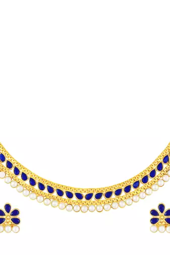 Blue crystals & pearl studded necklace earrings set jewelry for women