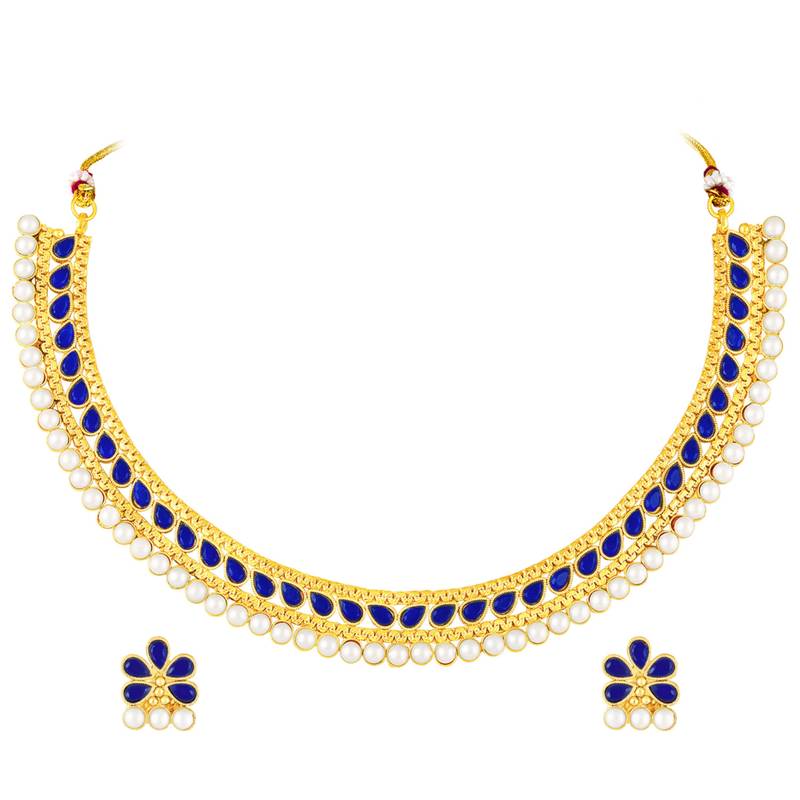 Blue crystals & pearl studded necklace earrings set jewelry for women