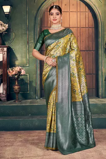 mustard zari silk blend woven festive wear saree