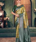 mustard zari silk blend woven festive wear saree