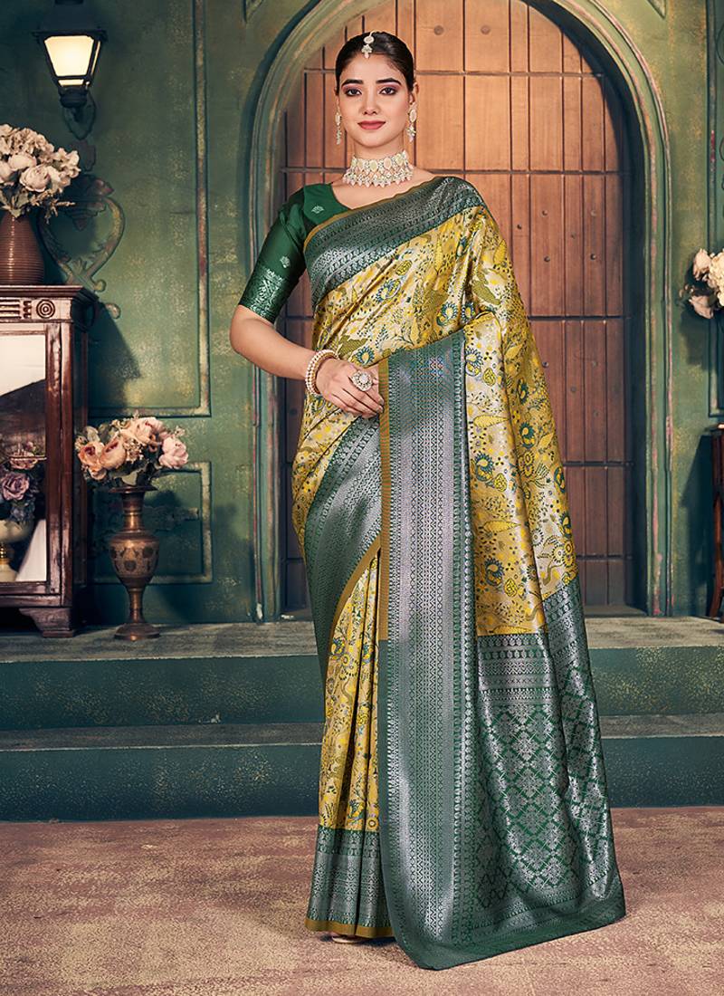 mustard zari silk blend woven festive wear saree