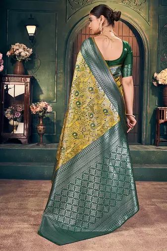 mustard zari silk blend woven festive wear saree
