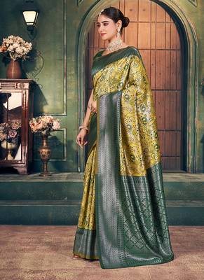 mustard zari silk blend woven festive wear saree 3