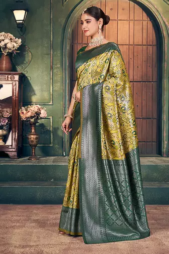 mustard zari silk blend woven festive wear saree