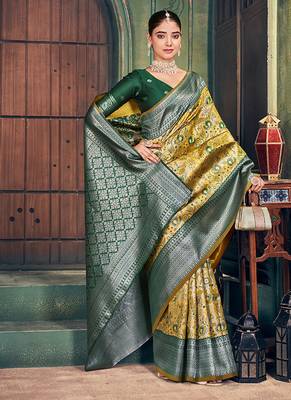 mustard zari silk blend woven festive wear saree 4