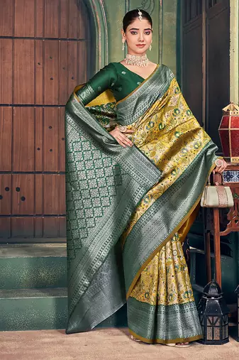 mustard zari silk blend woven festive wear saree