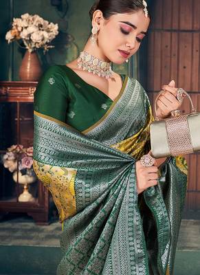 mustard zari silk blend woven festive wear saree 5