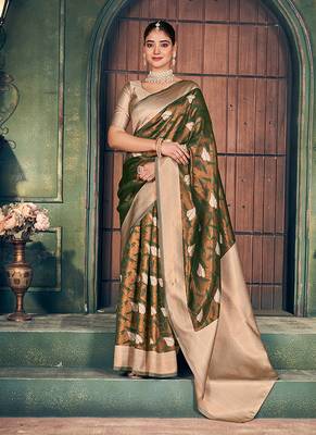 bronze zari silk blend woven festive wear saree 1