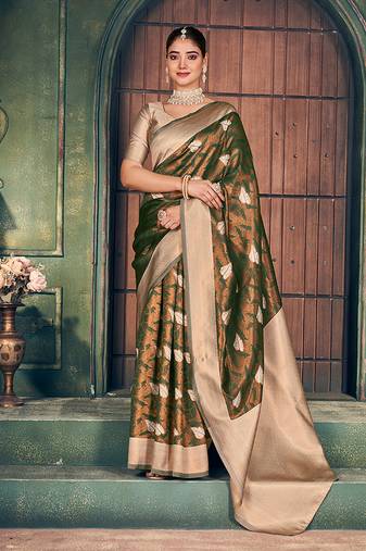 bronze zari silk blend woven festive wear saree