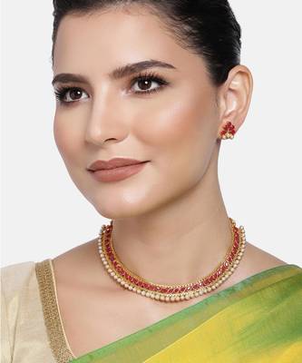 Women's faux kundan pearl fancy choker necklace bharatanatyam jewelry set set 1