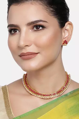 Women's faux kundan pearl fancy choker necklace bharatanatyam jewelry set set