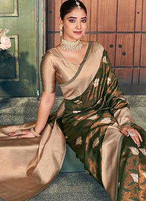 bronze zari silk blend woven festive wear saree 3