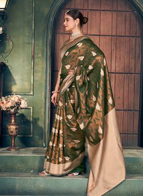 bronze zari silk blend woven festive wear saree 4