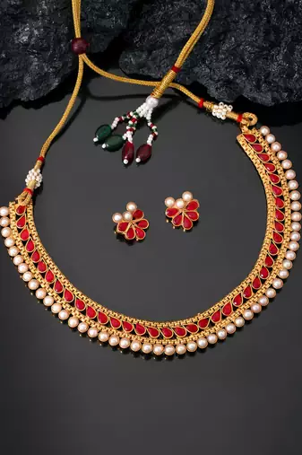Women's faux kundan pearl fancy choker necklace bharatanatyam jewelry set set