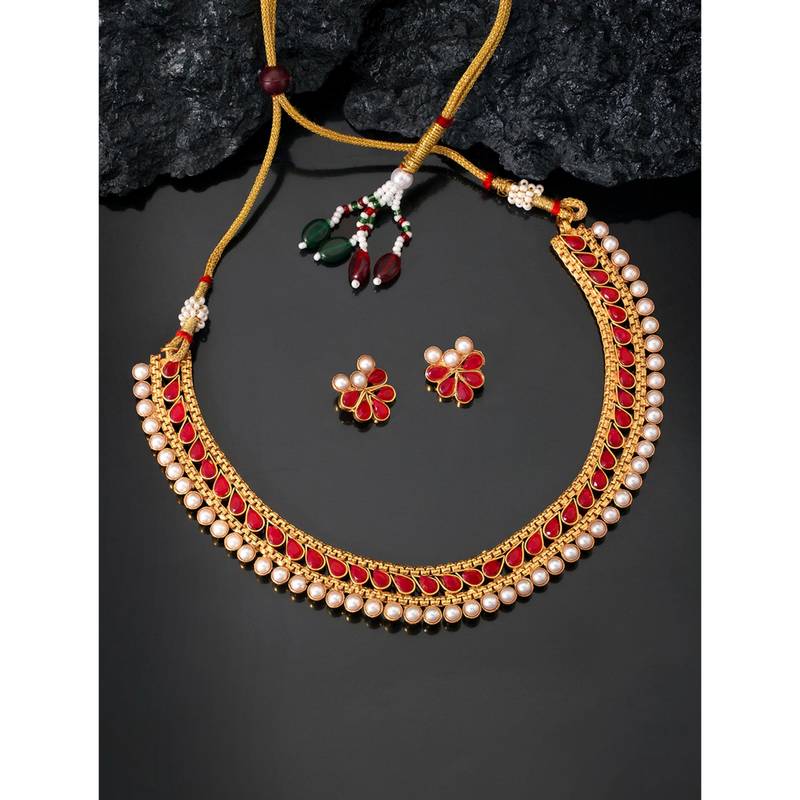 Women's faux kundan pearl fancy choker necklace bharatanatyam jewelry set set