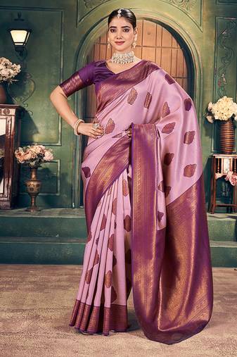 onion pink zari silk blend woven festive wear saree