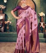 onion pink zari silk blend woven festive wear saree