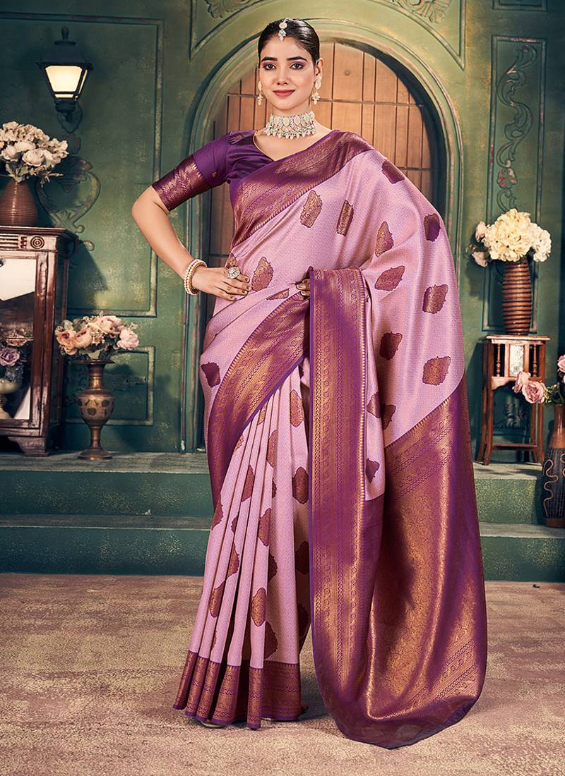 onion pink zari silk blend woven festive wear saree