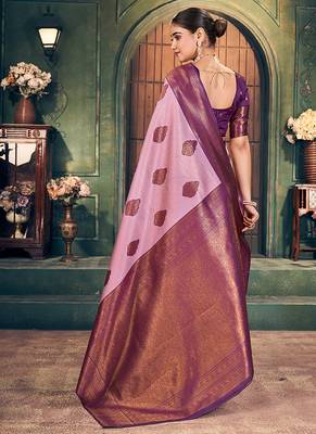 onion pink zari silk blend woven festive wear saree 2