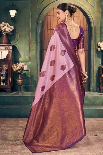 onion pink zari silk blend woven festive wear saree