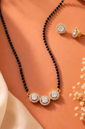 Women's brass golden toned triple round mangalsutra set with s-hook