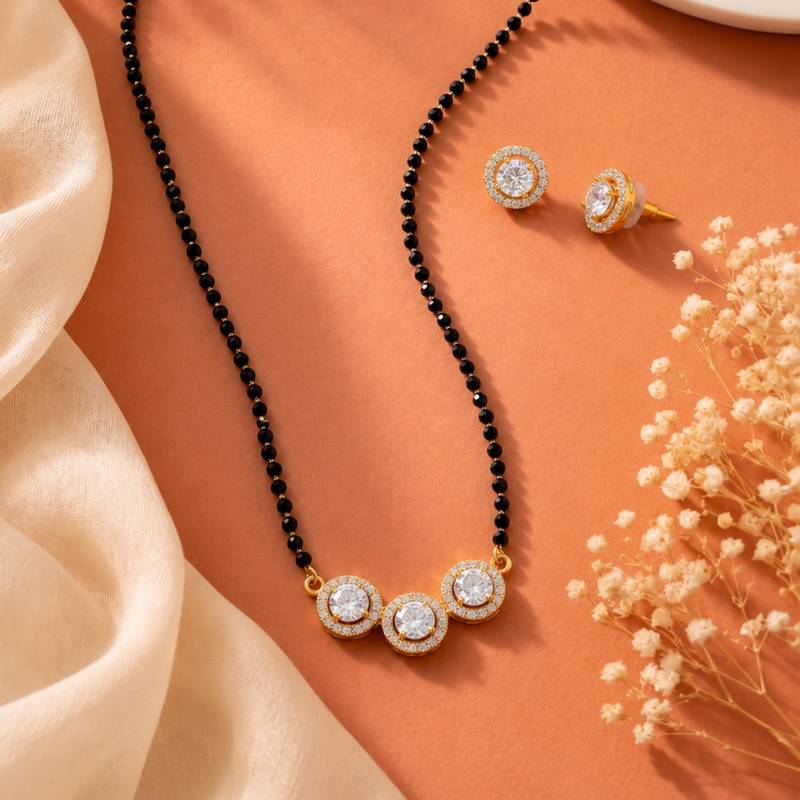 Women's brass golden toned triple round mangalsutra set with s-hook