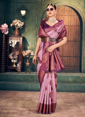 onion pink zari silk blend woven festive wear saree 3