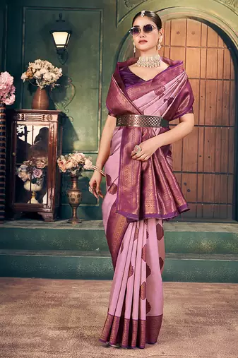 onion pink zari silk blend woven festive wear saree