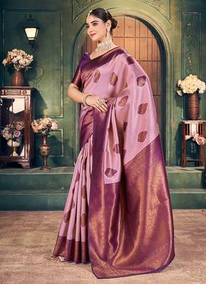 onion pink zari silk blend woven festive wear saree 4