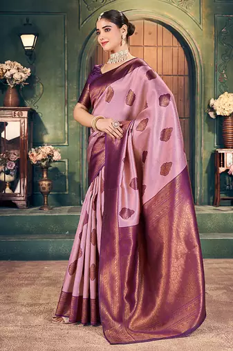 onion pink zari silk blend woven festive wear saree
