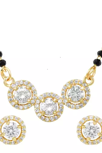 Women's brass golden toned triple round mangalsutra set with s-hook