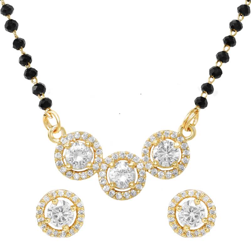 Women's brass golden toned triple round mangalsutra set with s-hook