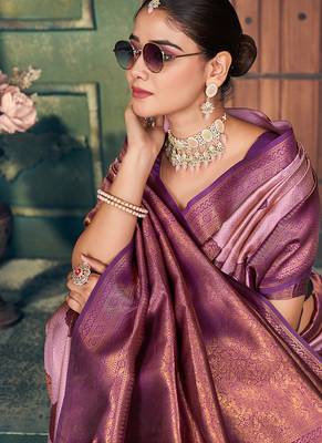onion pink zari silk blend woven festive wear saree 5