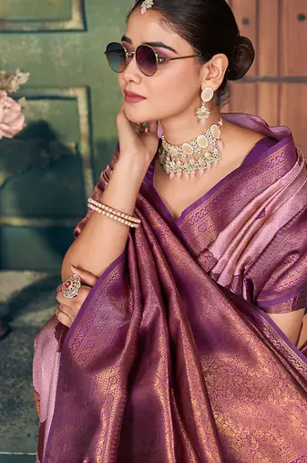 onion pink zari silk blend woven festive wear saree