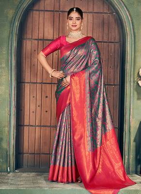 gray zari silk blend woven festive wear saree 1