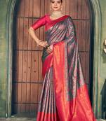 gray zari silk blend woven festive wear saree