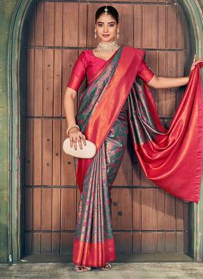 gray zari silk blend woven festive wear saree 2