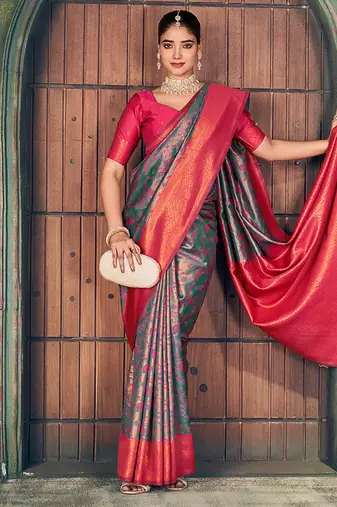 gray zari silk blend woven festive wear saree